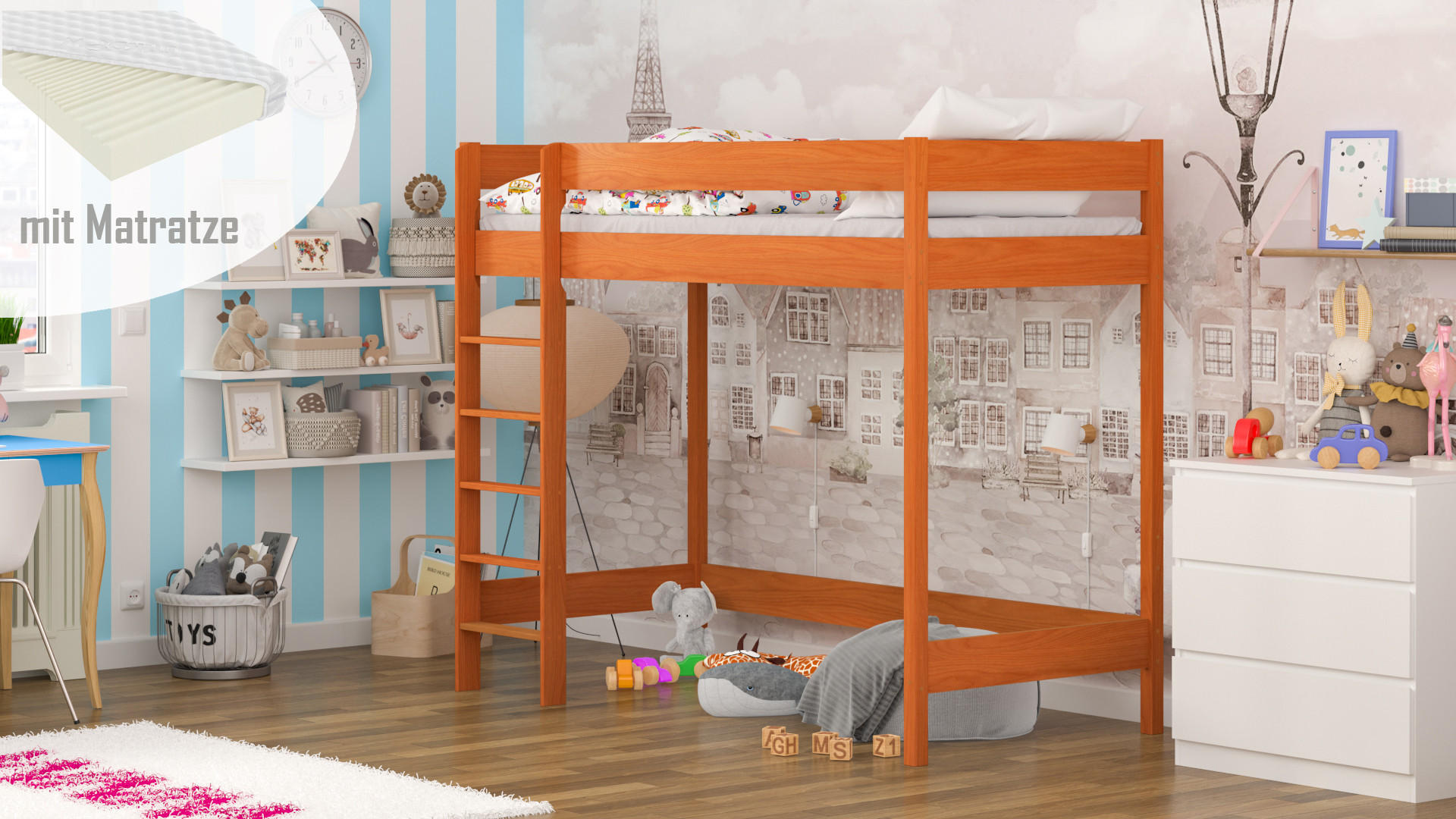 HOCHBETT Hugo 140x70 teak mit Matratze - Braun, Holzwerkstoff (70/140cm)