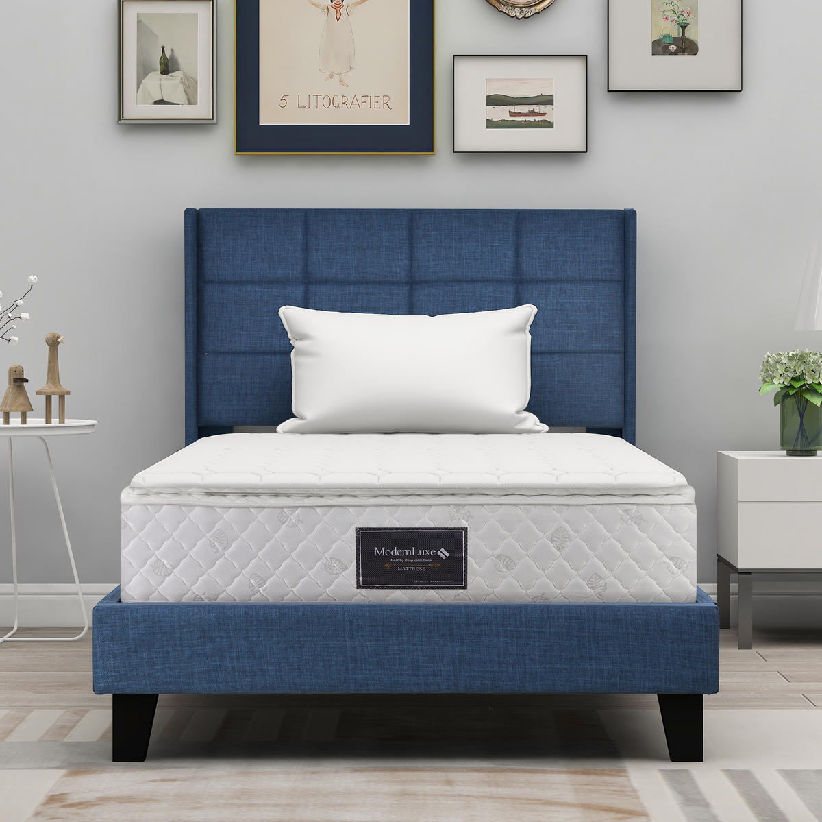POLSTERBETT 90/200 cm aus Leinen mit Federkernmatratze, Lattenrost und hohem Kopfteil, Blau - Blau, Textil (90/90cm) - Redom