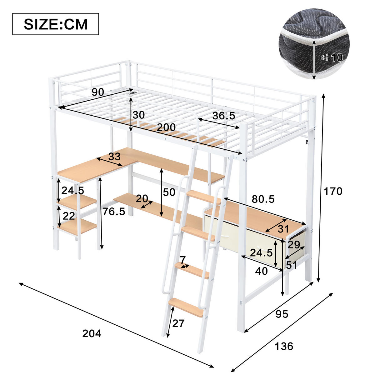 HOCHBETT 90/200 cm in Weiß & Natur mit Schreibtisch, Regal und 2 Stoffboxen Metall & Holz-Design - Weiß, Metall (90/200cm) - STILVORA