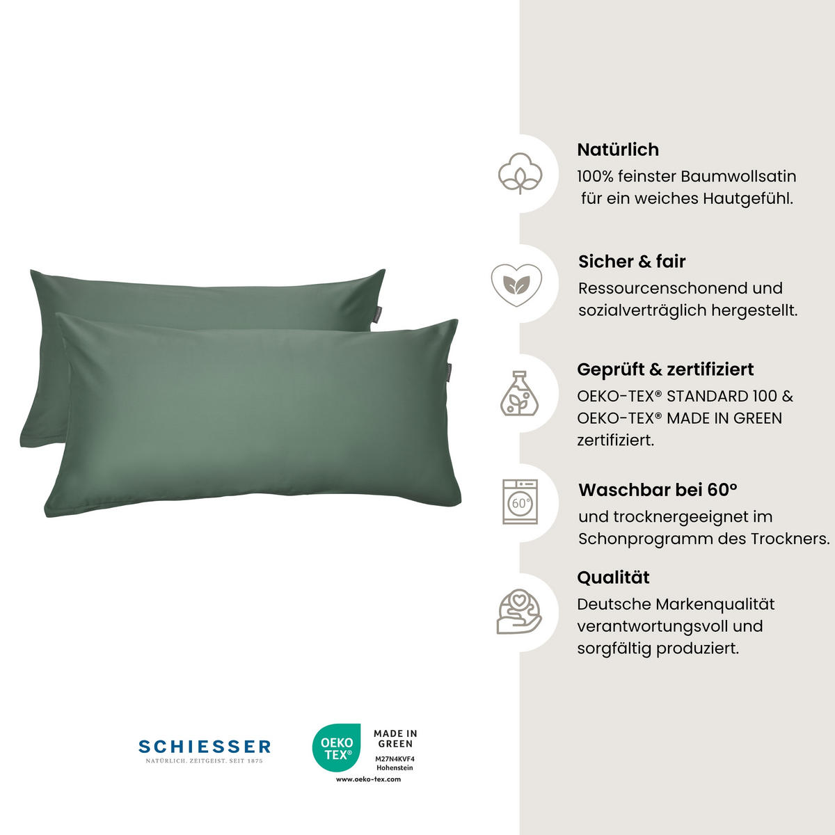 KISSENHÜLLENSET Ella - Baumwollsatin - 2-teilig - 40 x 80 cm - Dunkelgrün - Dunkelgrün, Textil (40/80cm) - SCHIESSER