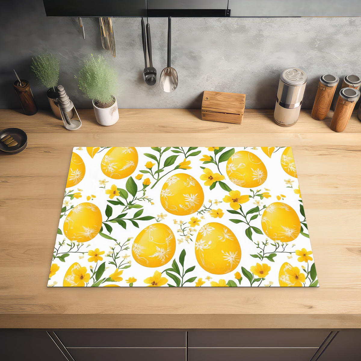 HERDABDECKPLATTE Blumen - Ostereier - Gelb Herdabdeckung Induktionsfeld 70x52 cm - Gelb, Kunststoff (70/52/0.2cm) - MuchoWow