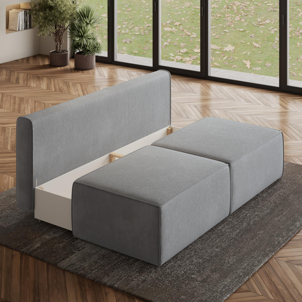 ECKSOFA VARNA P Hellgrau Kordstoff mit Schlaffunktion - Hellgrau, Holz (196/158cm) - MASSENO