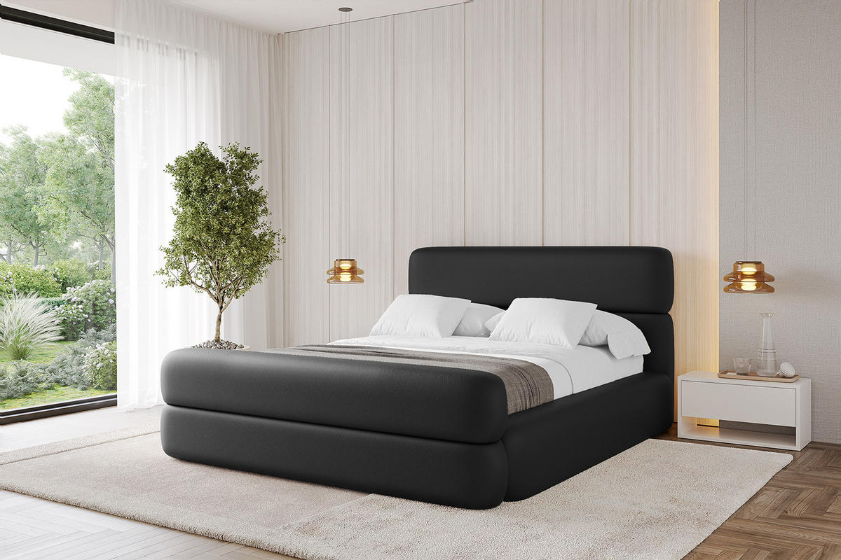 POLSTERBETT mit Bettkasten, Fußteil und Lattenrost, Boxbett mit Matratze H3/H4 - ENORA-Z 180x200 Schwarz Kunstleder - Schwarz Hochglanz, Holzwerkstoff/Textil (180/200cm) - ALTDECOR