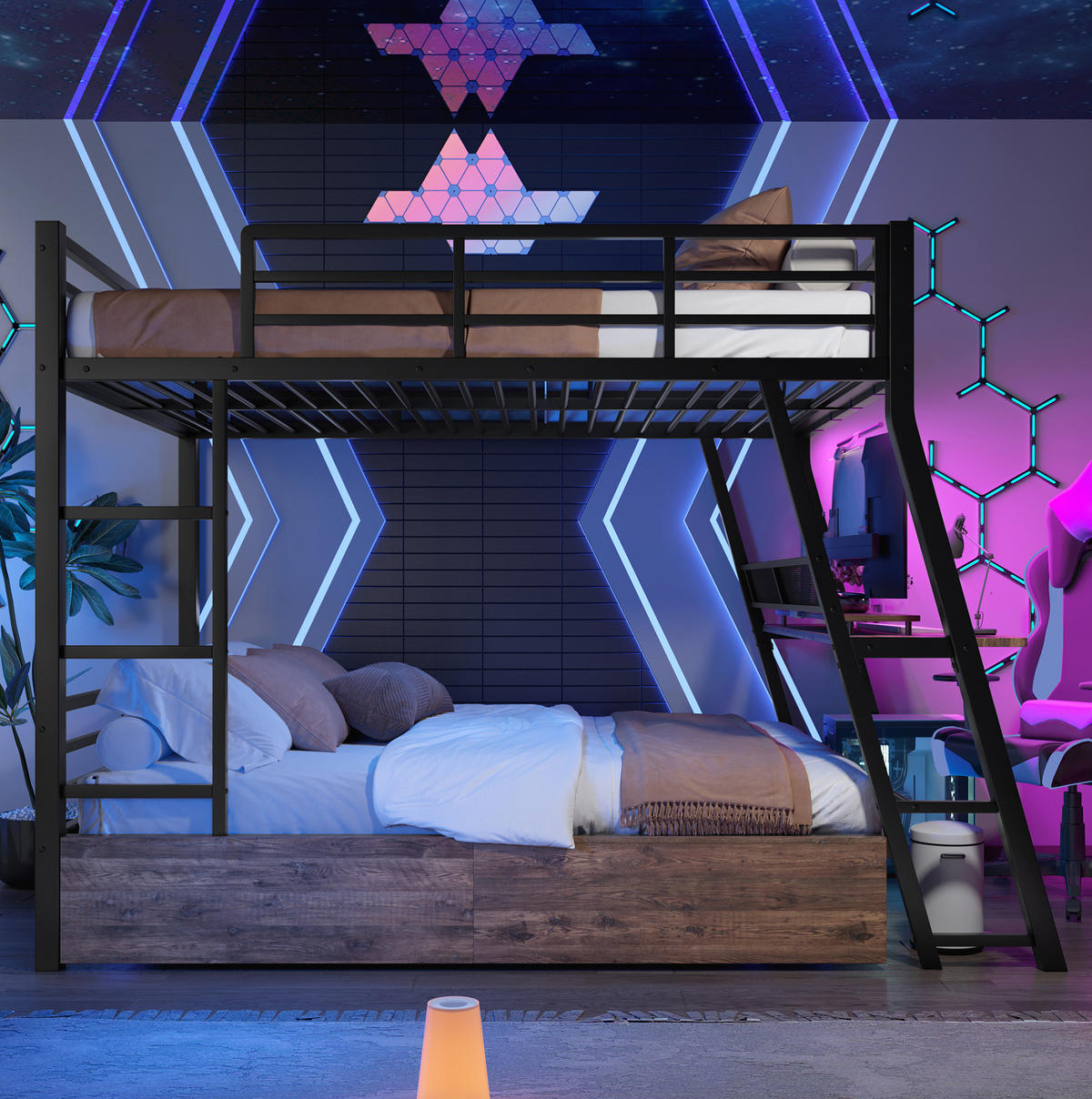 HOCHBETT aus Metall und MDF 140x200 cm Schwarz mit LED-Leiste, Schubladen, Treppe und Schreibtisch - Schwarz, Metall (140/200cm) - Modfu