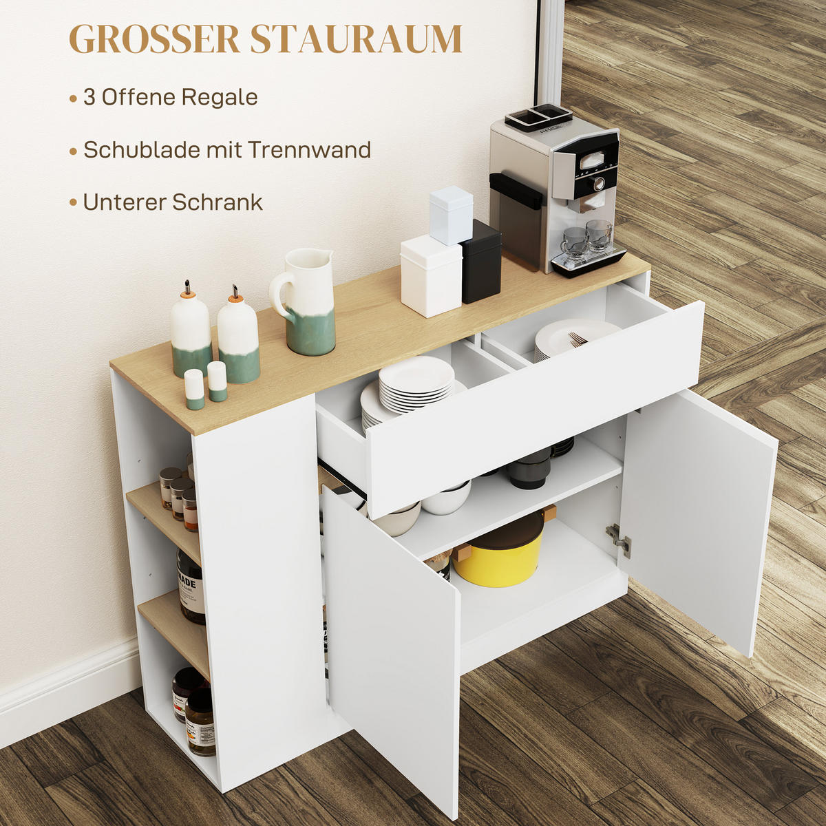 SIDEBOARD Küchenschrank mit Schublade, verstellbare Ablage, Aufbewahrungsschrank - Weiß/Naturfarben, Holz/Holzwerkstoff (30/81.5/105cm) - HOMCOM
