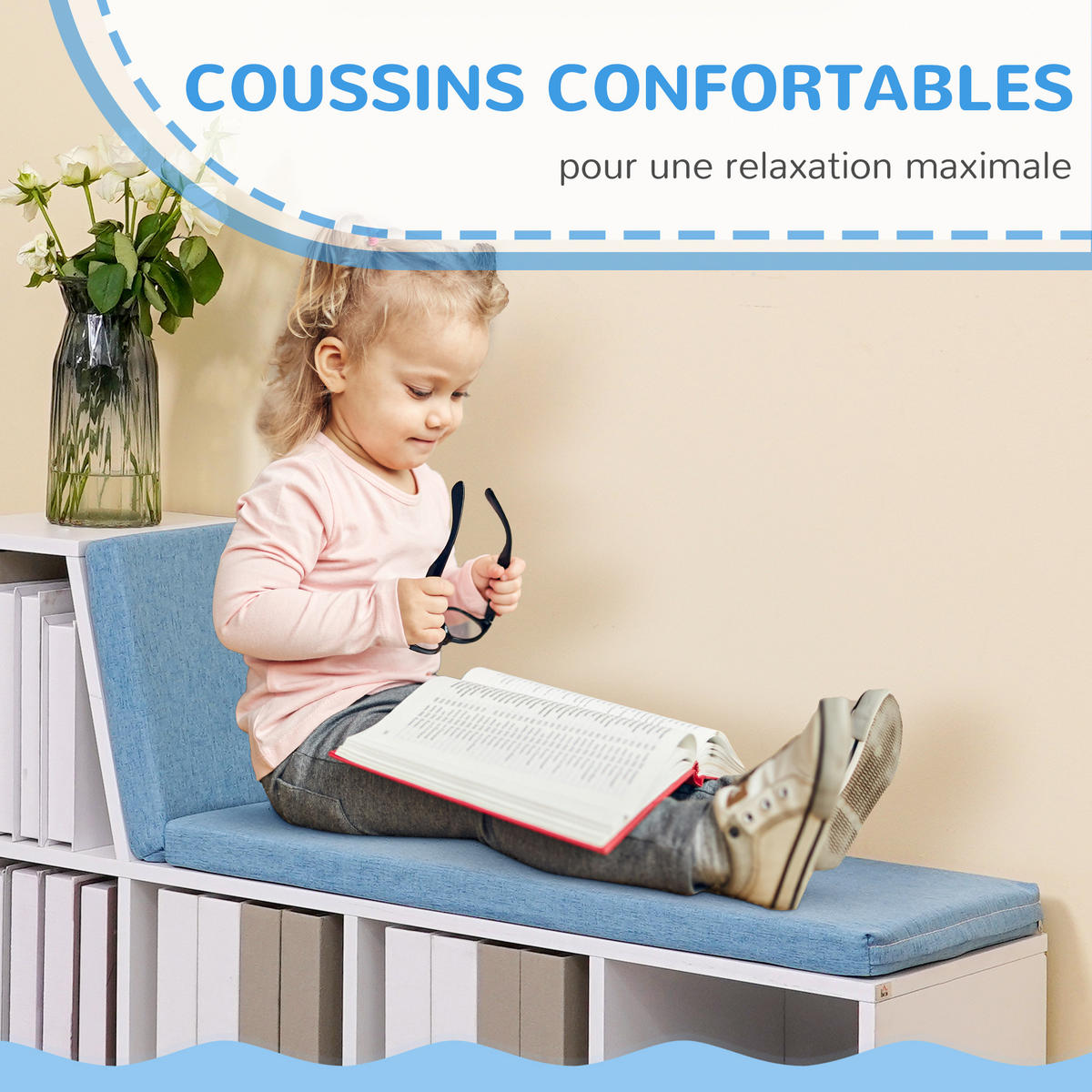 KINDERREGA DE-15538 108/30/60 cm, 5 Fächer, 2 Kissen Weiß/Blau - Blau, Holzwerkstoff (108/60/30cm) - ComfortXL