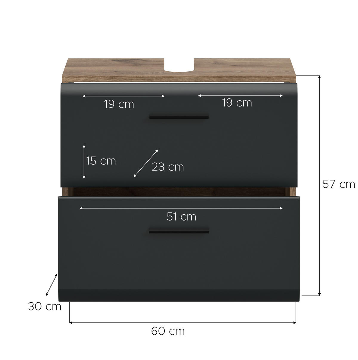 WASCHBECKENUNTERSCHRANK auf Rollen ICE (B/H/T: ca. 60/58/30 cm) in Nox Oak Nachbildung/schwarz matt - Eichefarben, Holzwerkstoff (60/58/30cm)