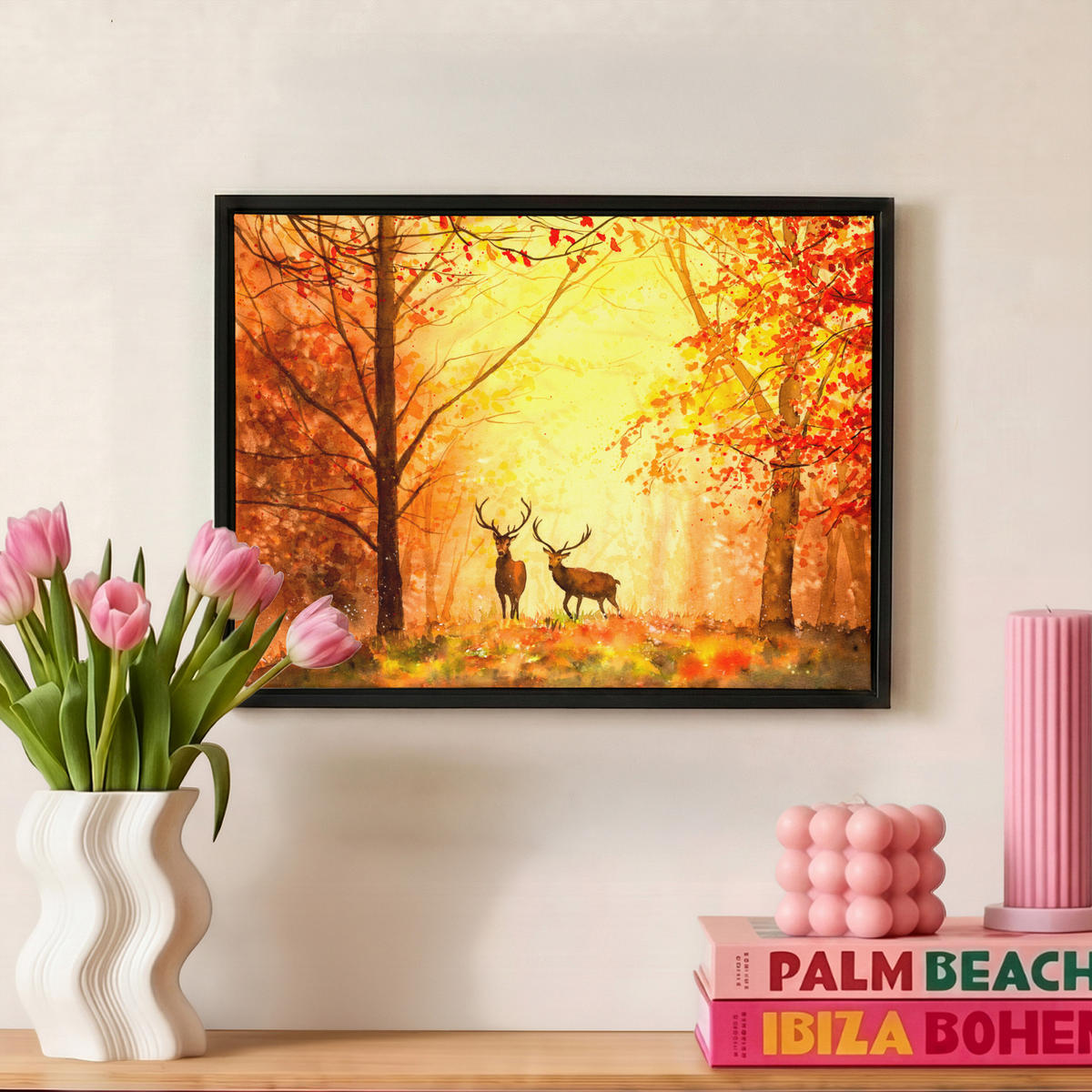 LEINWAND Bilder mit Rahmen - Natur - Ölfarbe - Hirsche - Tiere - Herbst - Orange - 40x30 - Orange, Textil (40/30cm) - MuchoWow