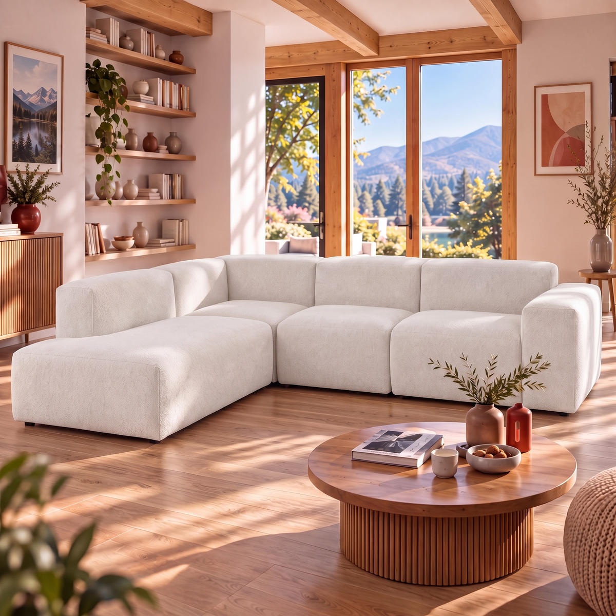 4-SITZER modulares Ecksofa HEAVEN SET 2 Links, Breite 300 cm Webstoff Weiß - Schwarz/Weiß, Holz/Kunststoff (300/245cm) - Muffo