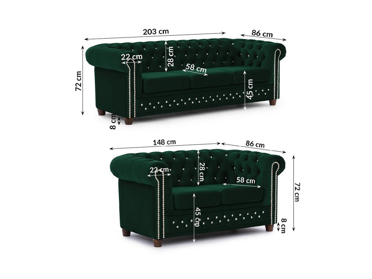 SITZGARNITUR 3+2 Chesterfield Cleo Blink Flasche Grün Samt mit Kristallsteppung und braunen Massivholzfüßen - Braun/Grün, Holz/Textil (203/72/86cm) - S-Style Möbel