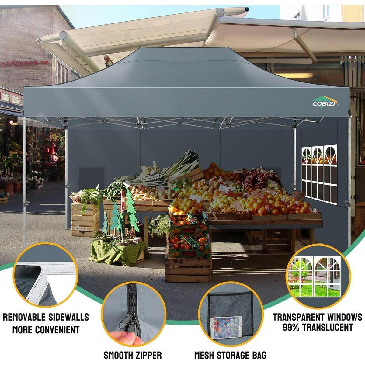 FALTPAVILLON 3x4.5m Grau mit 4 Seitenteilen - Grau, Metall (300/330/450cm)