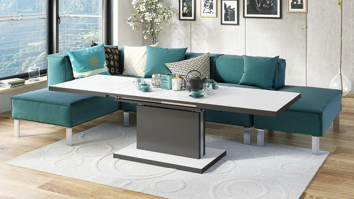 COUCHTISCH rechteckig Weiß matt - Anthrazit matt ausziehbar höhenverstellbar - Anthrazit/Weiß, Holzwerkstoff (70/120/56cm) - designimpex