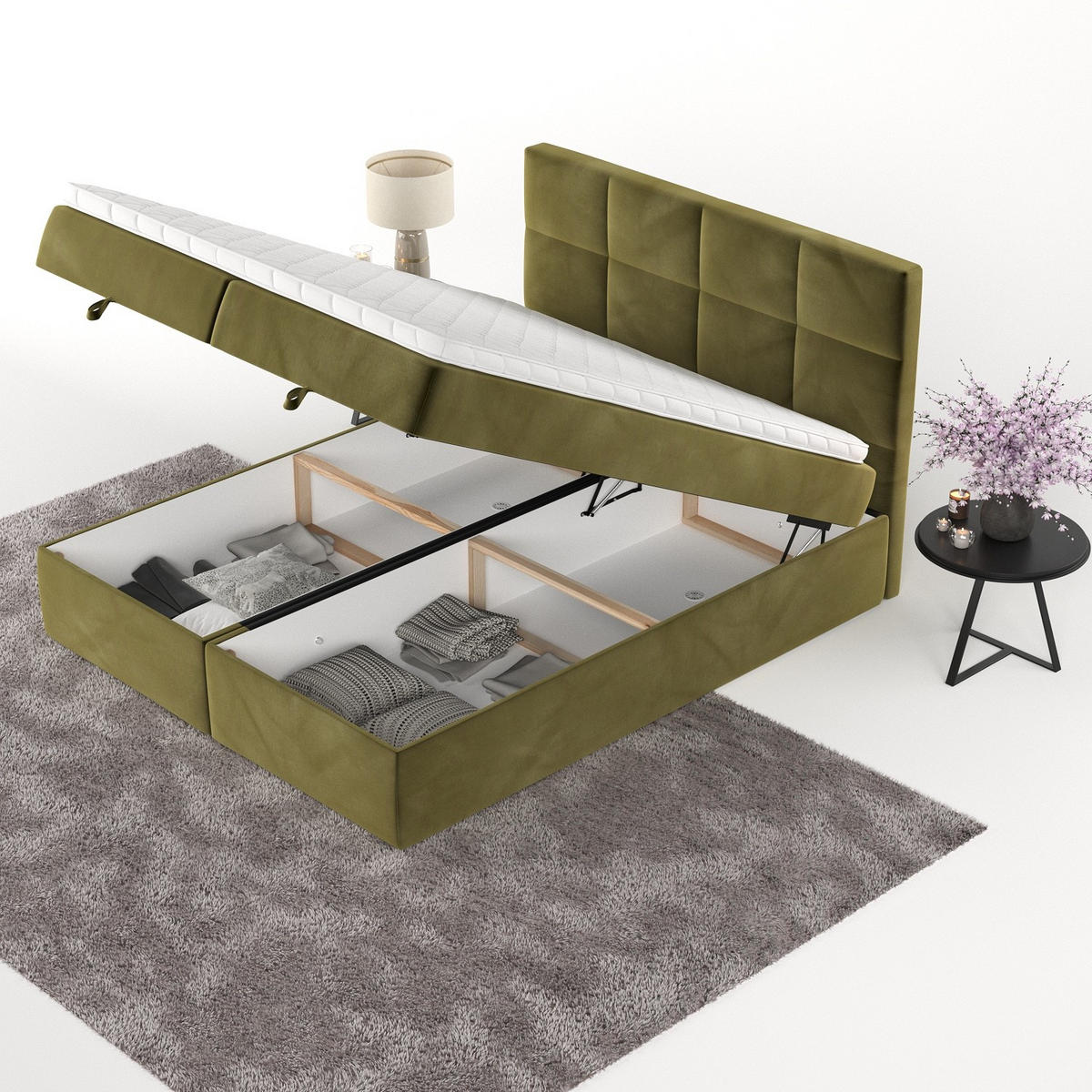 BOXBETT Velto 180/200 cm Olivgrün im Kronos Stoff - Schwarz/Olivgrün, Holz/Holzwerkstoff (180/200cm) - AltaBeds