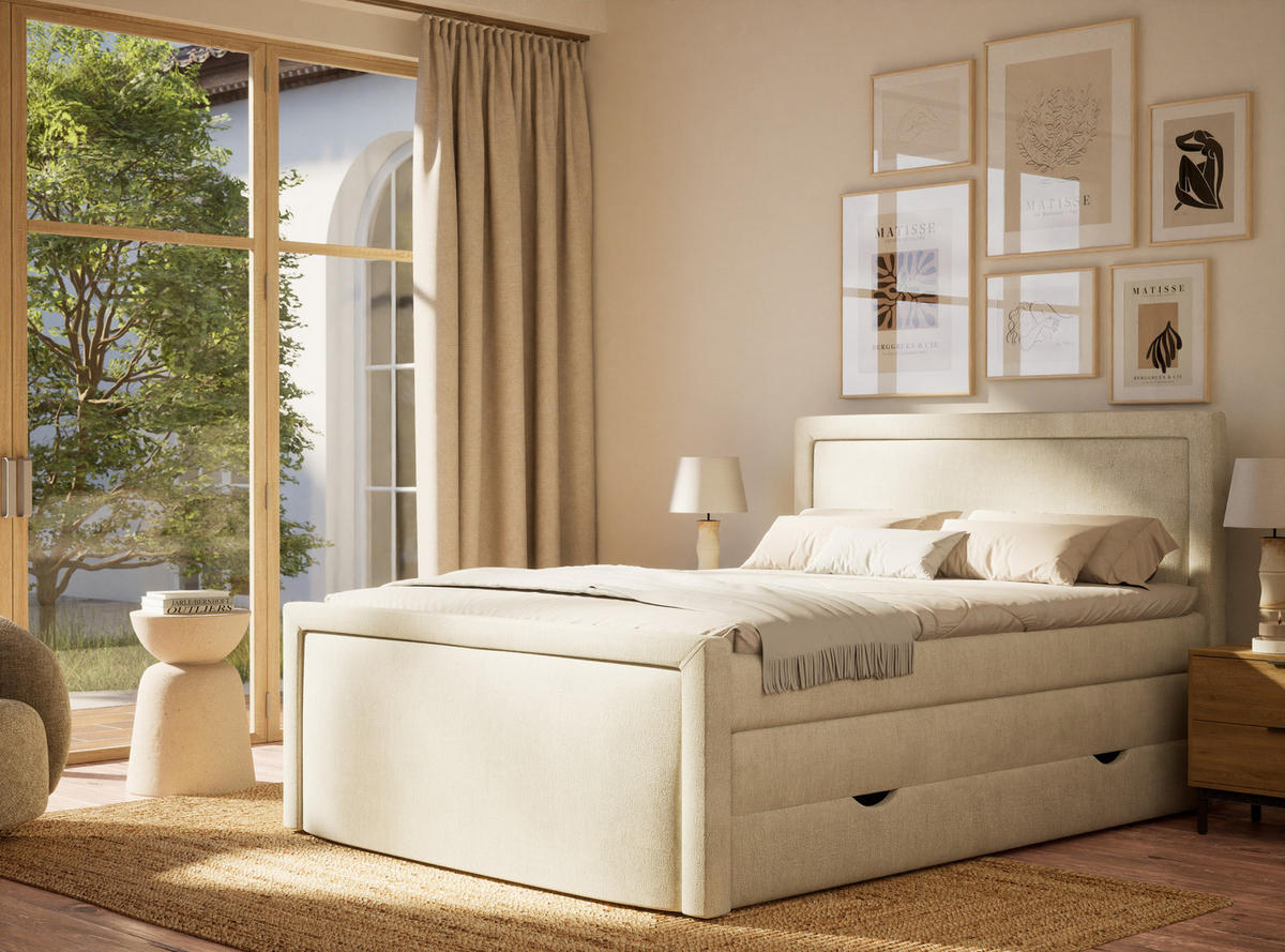 BOXSPRINGBETT Fresco 140/200 cm, in Creme, Bettkasten, Matratze, Topper - Creme/Schwarz, Holz/Holzwerkstoff (140/200cm) - Maison de Reve