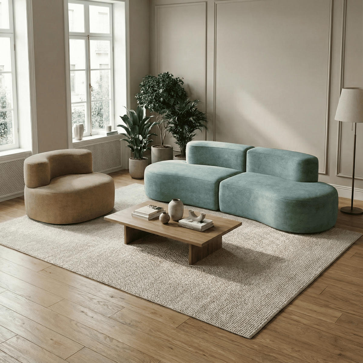 SITZGARNITUR Lounge Sofa und Sessel Salbei und Sand - Salbeigrün/Beige, Textil (240/75/102cm) - COCO Living