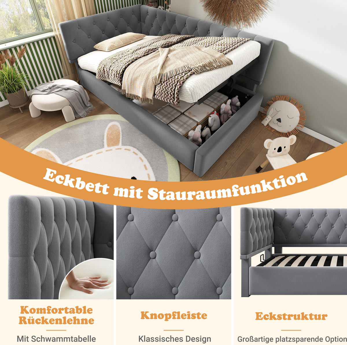 KINDERBETT Polsterbett 90/200 cm aus Samt mit hydraulischem Bettkasten Grau - Grau, Textil (90/200cm) - Modenvie