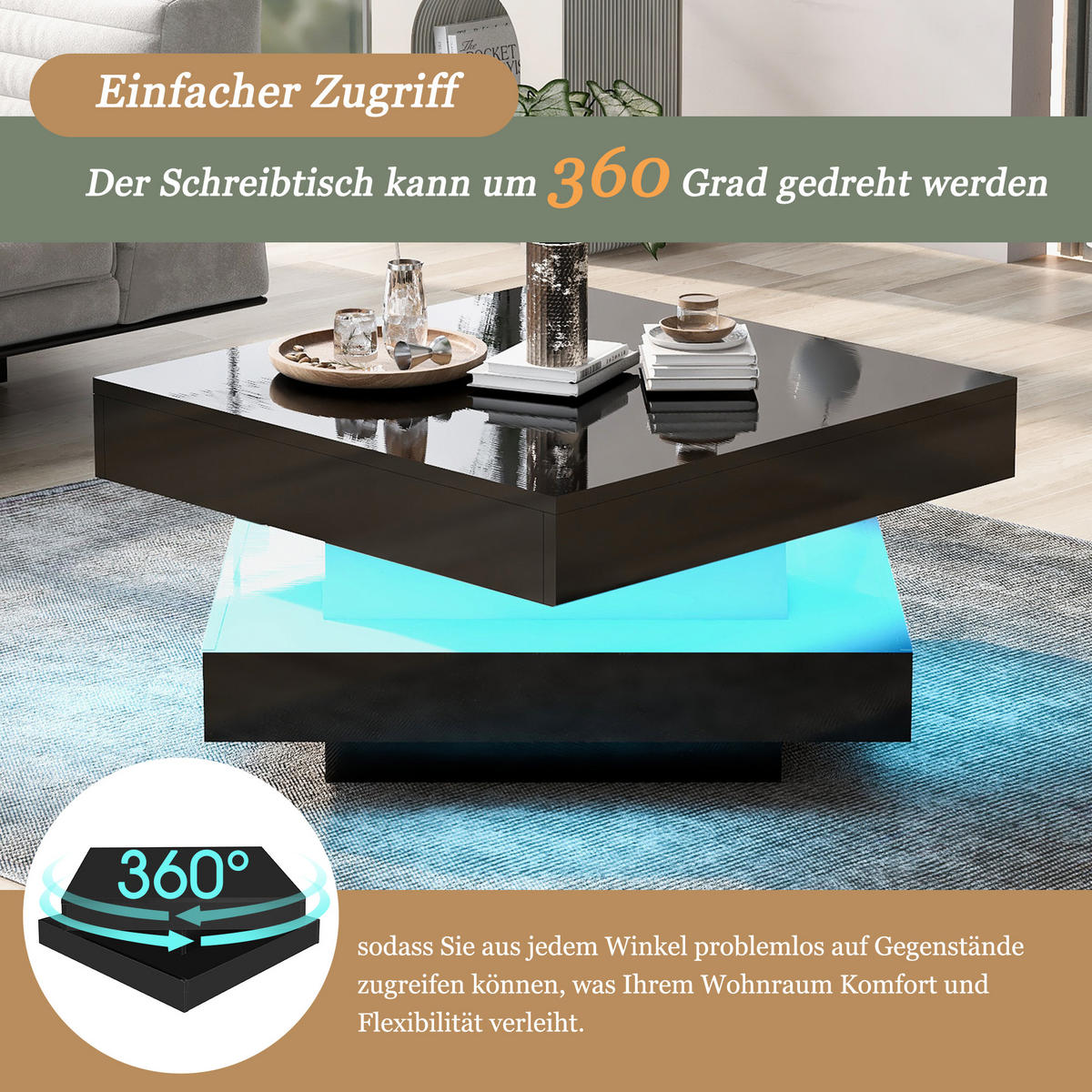 COUCHTISCH 70/70/36 cm Schwarz Hochglanz mit 360° drehbarer Platte mit LED-Beleuchtung - Schwarz, Holzwerkstoff (70/70/36cm) - OKWISH