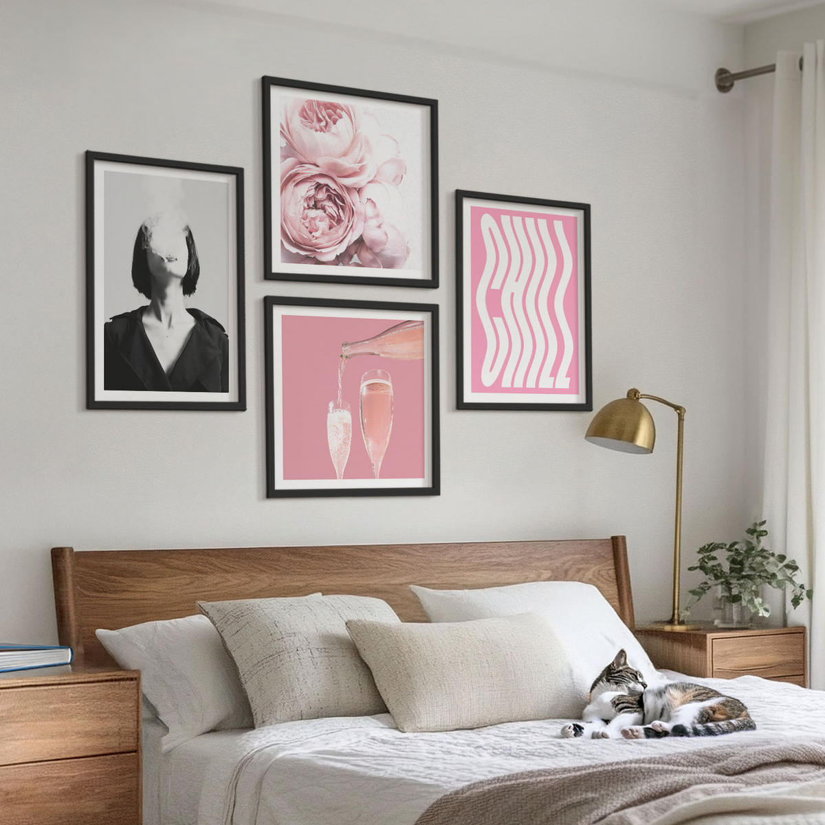WANDBILDER 4er-Set - 50x50 cm & 40x60 cm Schwarzer Rahmen - Stilvolles Porträt mit Champagner - Schwarz, Kunststoff (50/50cm) - ArtPrintCave