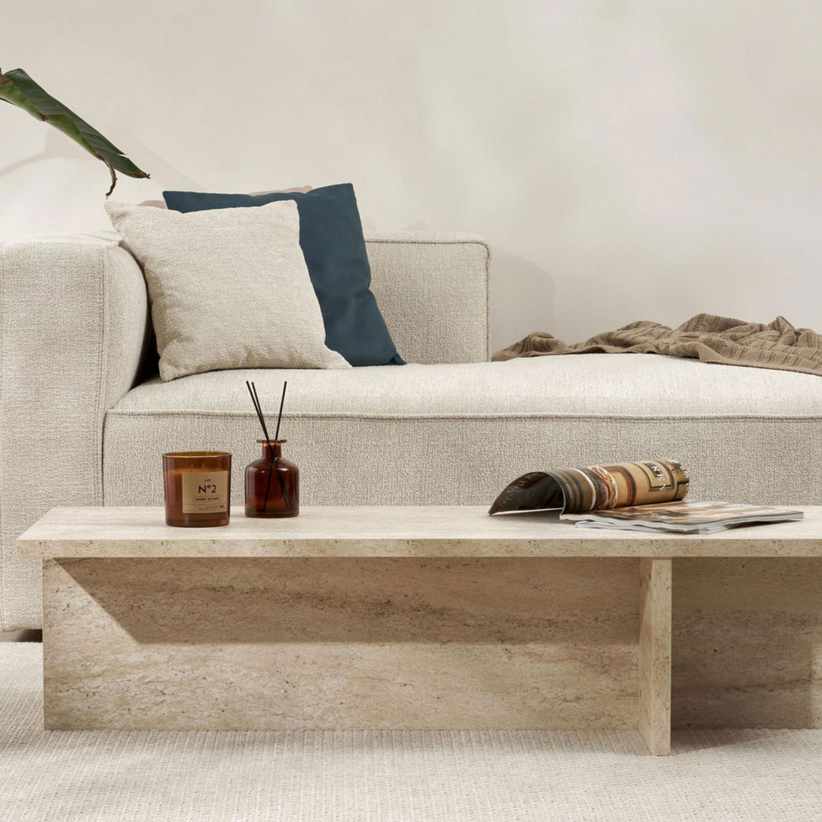 COUCHTISCH mit Travertin-Effekt 120x45 cm - Vika - Beige - Beige, Holz (120/45/30cm) - Drawer