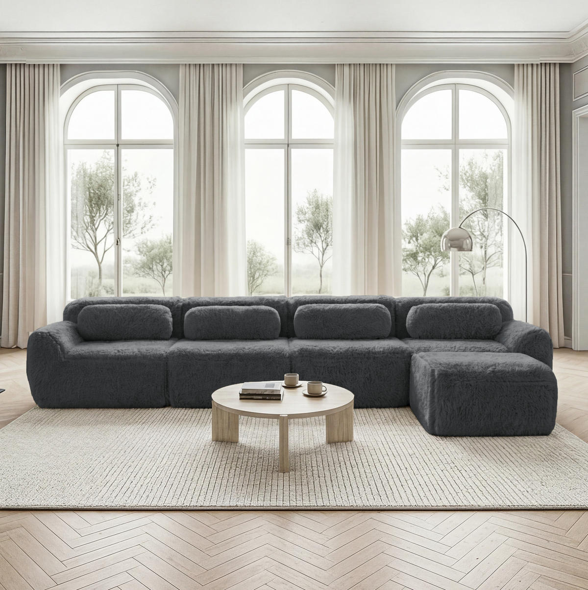 ECKSOFA 378/179/73 cm grau aus Plüsch als 4-Sitzer mit modularem Ottomanen - Grau, Textil (179/378cm) - OKWISH