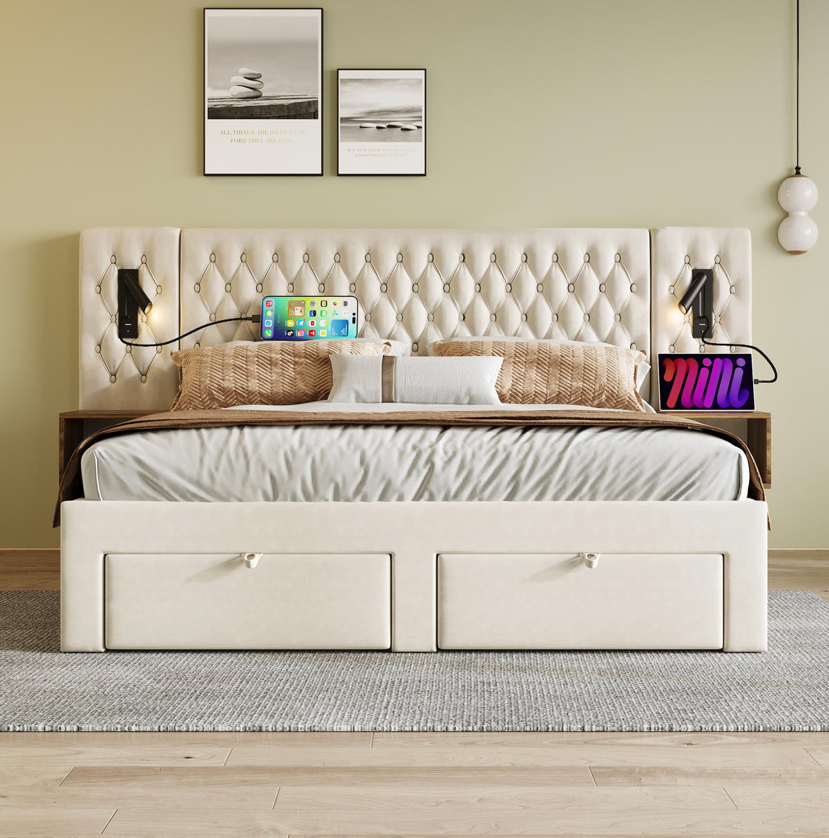 POLSTERBETT 160/200 cm mit 2 Nachttischen, 4 Schubladen, Leselicht, USB und Type-C,und Matratze, Beige - Beige, Textil (160/200cm) - Redom