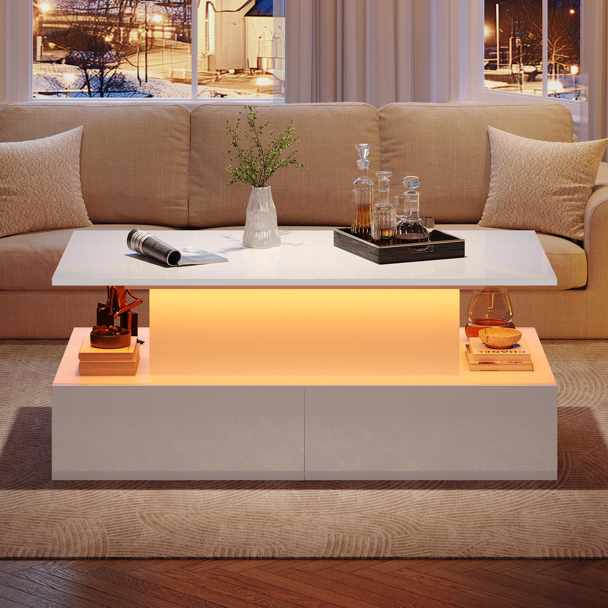 COUCHTISCH aus Spanplatte 90x55x41 cm in Weiß mit LED-Beleuchtung & 4 Schubladen - Weiß, Holzwerkstoff (90/55/41cm) - Modfu
