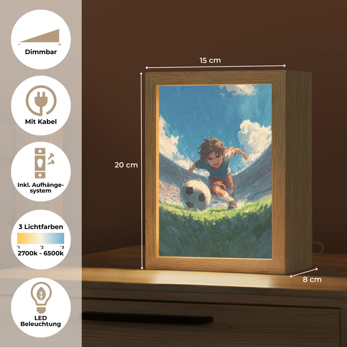 NACHTTISCHLAMPE Stadion - Fußballer - Ball 15x20 cm - Blau, Holzwerkstoff (8/15/20cm)