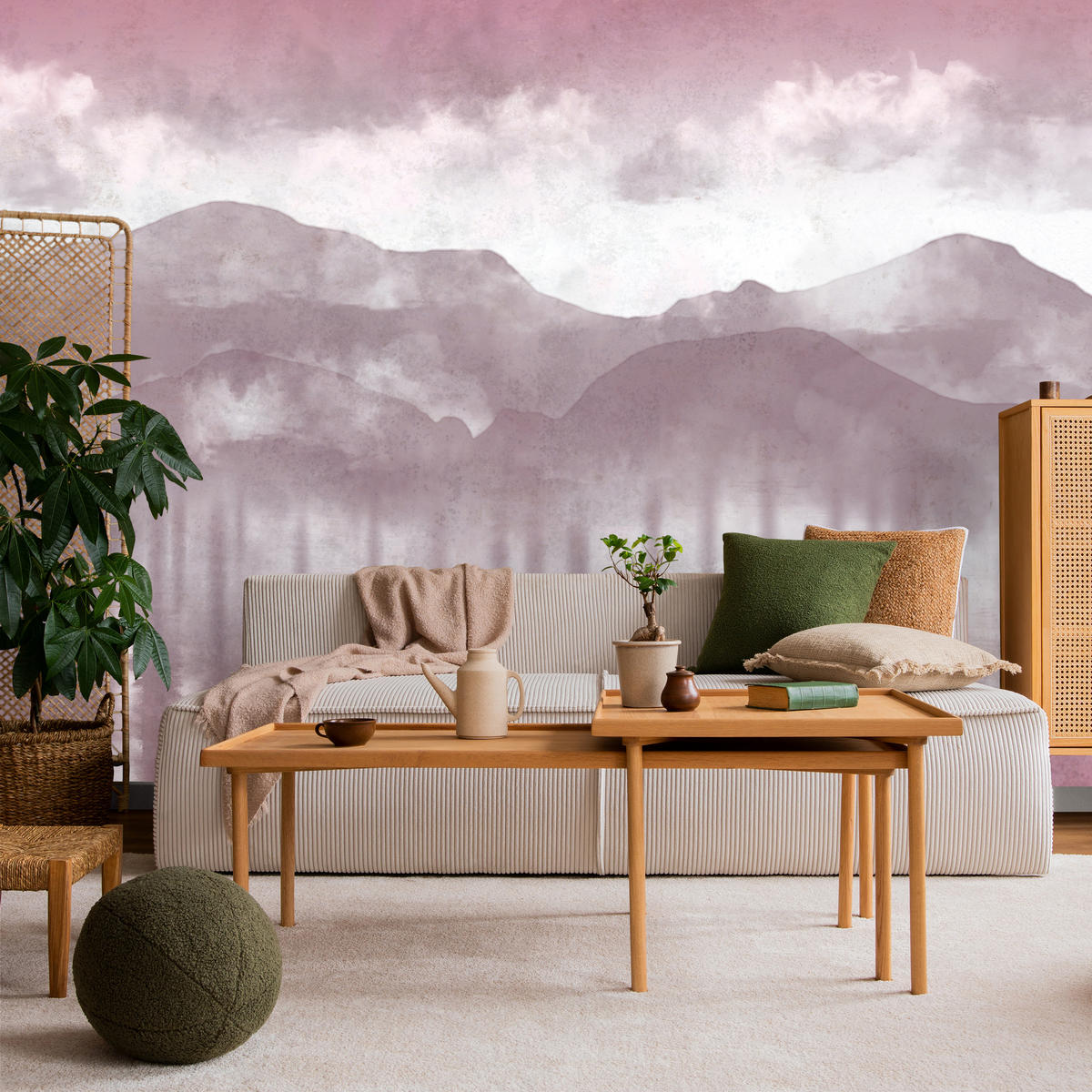 FOTOTAPETE für Wohnzimmer Neblige Berglandschaft Violet Bergpanorama Modern 500x350 - Violett/Rosa, Papier (500/350cm) - Muralo