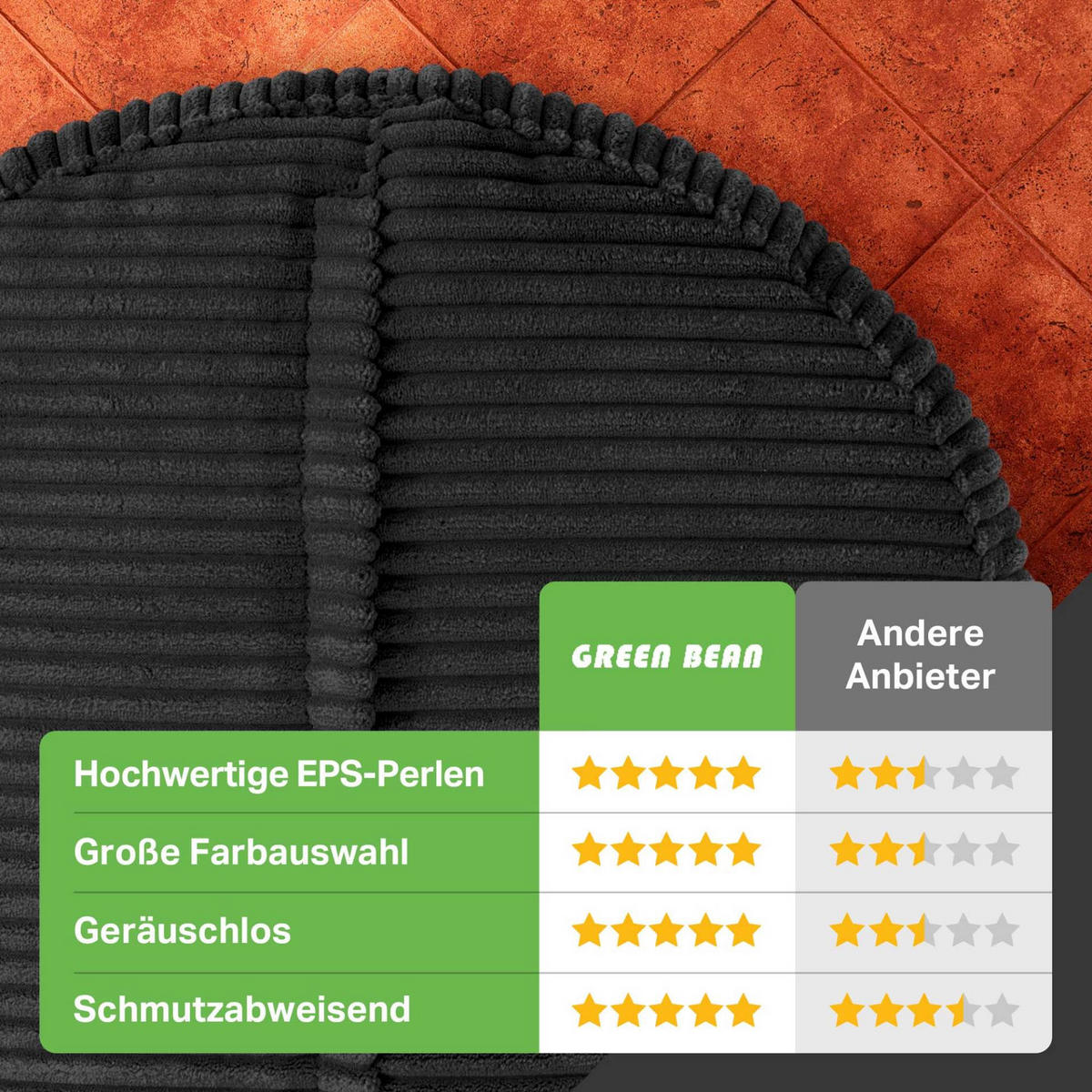 SITZSACK-HOCKER Pouf "Cord" 45x25cm - Schwarz, Textil (45/25/45cm) - Green Bean