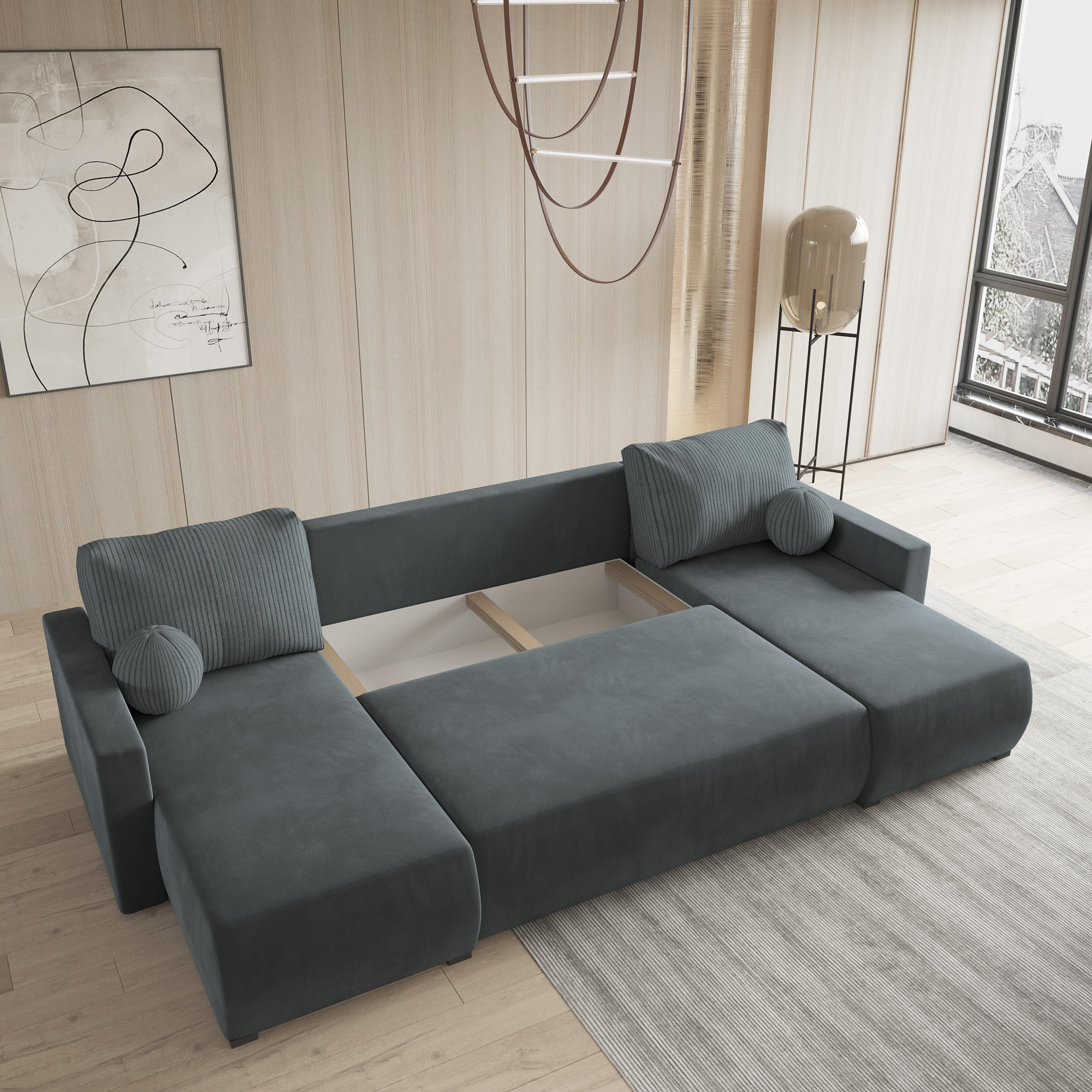 Thumbnail - Masseno Wohnlandschaft, Grau, Holz, 3-Sitzer, U-Form, 286x85x143 cm, Wohnzimmer, Sofas & Couches, Wohnlandschaften, Wohn...