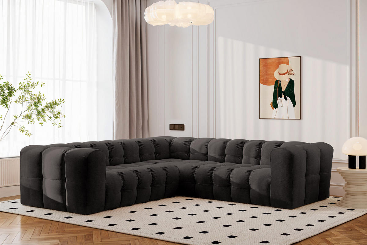 ECKSOFA Corner Mit Steppung BALOO, Chenille-Stoff Moly, Schwarz - Schwarz, Holz (270/270cm) - Kaiser Möbel