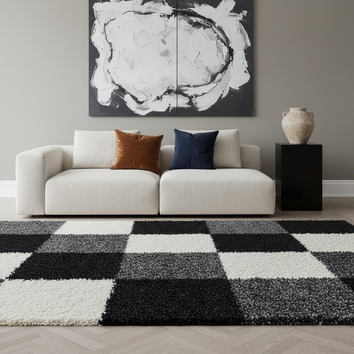 TEPPICH Hochflor Karo Polypropylen Wohnzimmer Shaggy Schwarz Rechteckig 160x230 - Schwarz, Textil (160/230cm) - KADIMA DESIGN