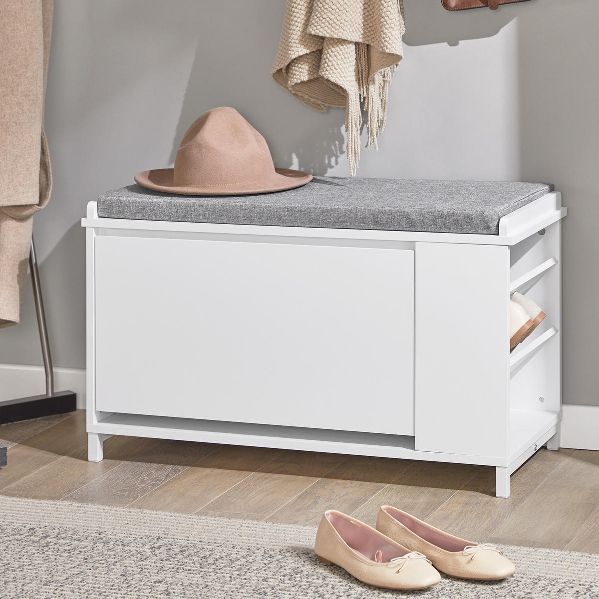 SCHUHBANK Weiß - Hellgrau/Weiß, Holzwerkstoff/Metall (82/53/35cm) - SoBuy