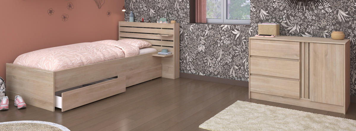 SCHLAFZIMMER-SET Eiche japanisch, Set 2-teilig mit Stauraumbett und Kommode - Eichefarben, Holzwerkstoff/Metall (152/89/217cm) - Parisot Meuble