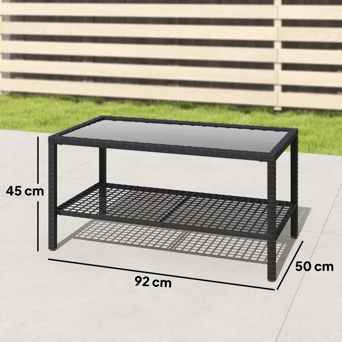 COUCHTISCH PE-Rattan Schwarz - Schwarz, Glas/Metall (92/50/45cm) - Outsunny