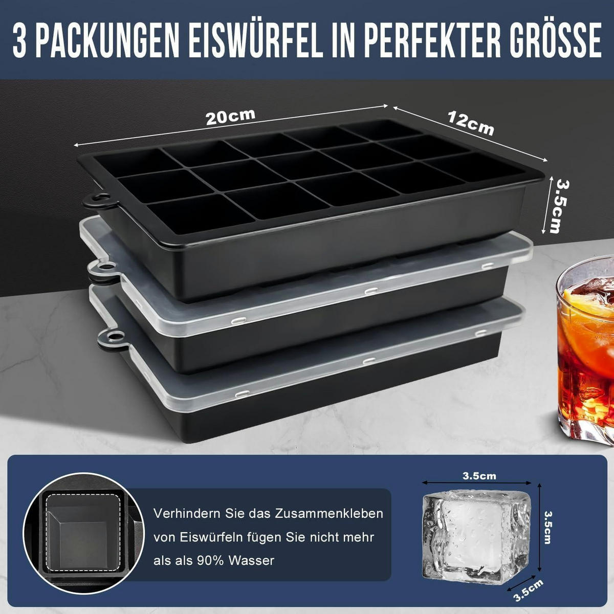 EISWÜRFELFORM 3er-Pack mit Deckel - Schwarz, Kunststoff (11.7/3.2/18.6cm)