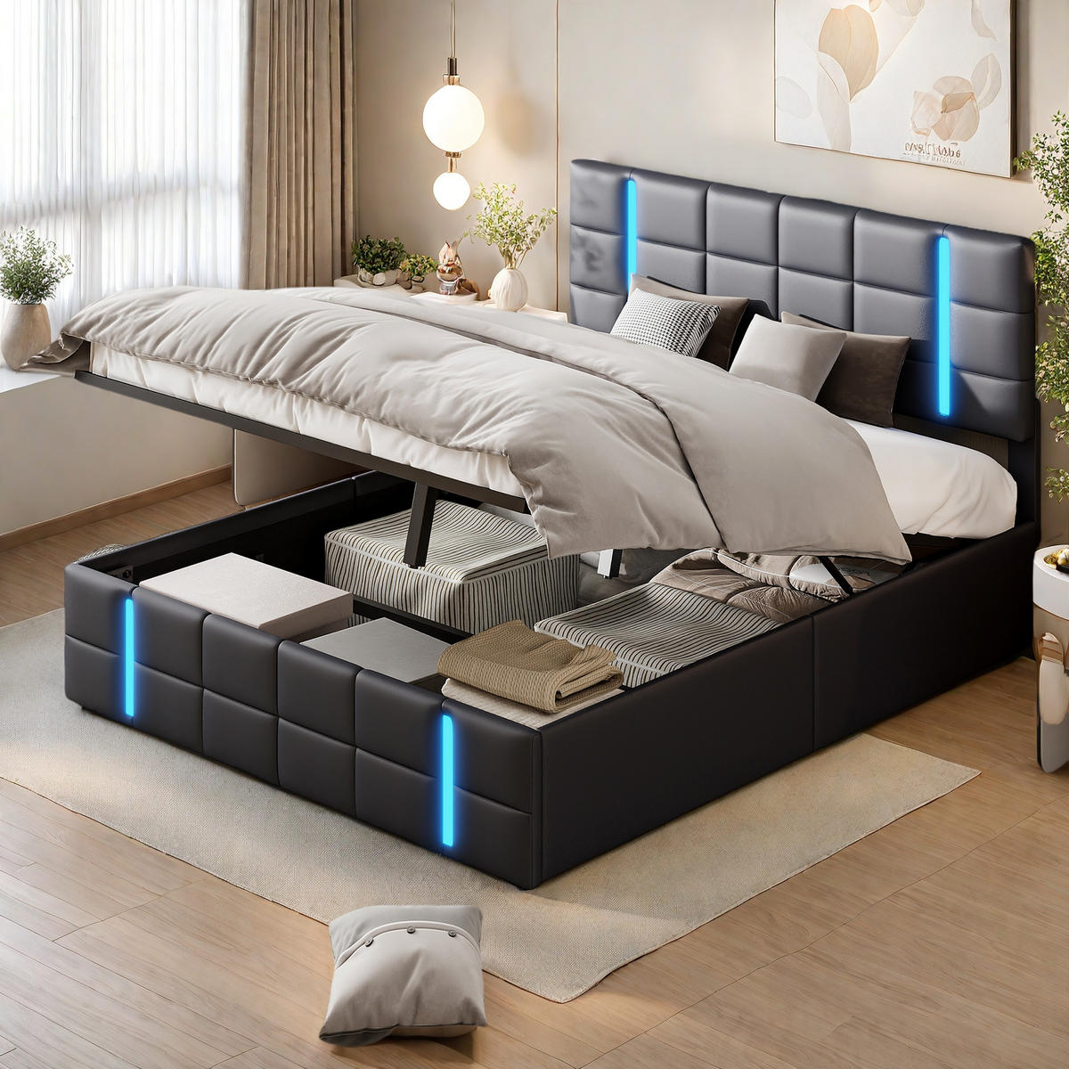 POLSTERBETT 140x200 cm Schwarz mit LED USB Stauraum - Schwarz, Metall (140/200cm) - SHOPENTRA
