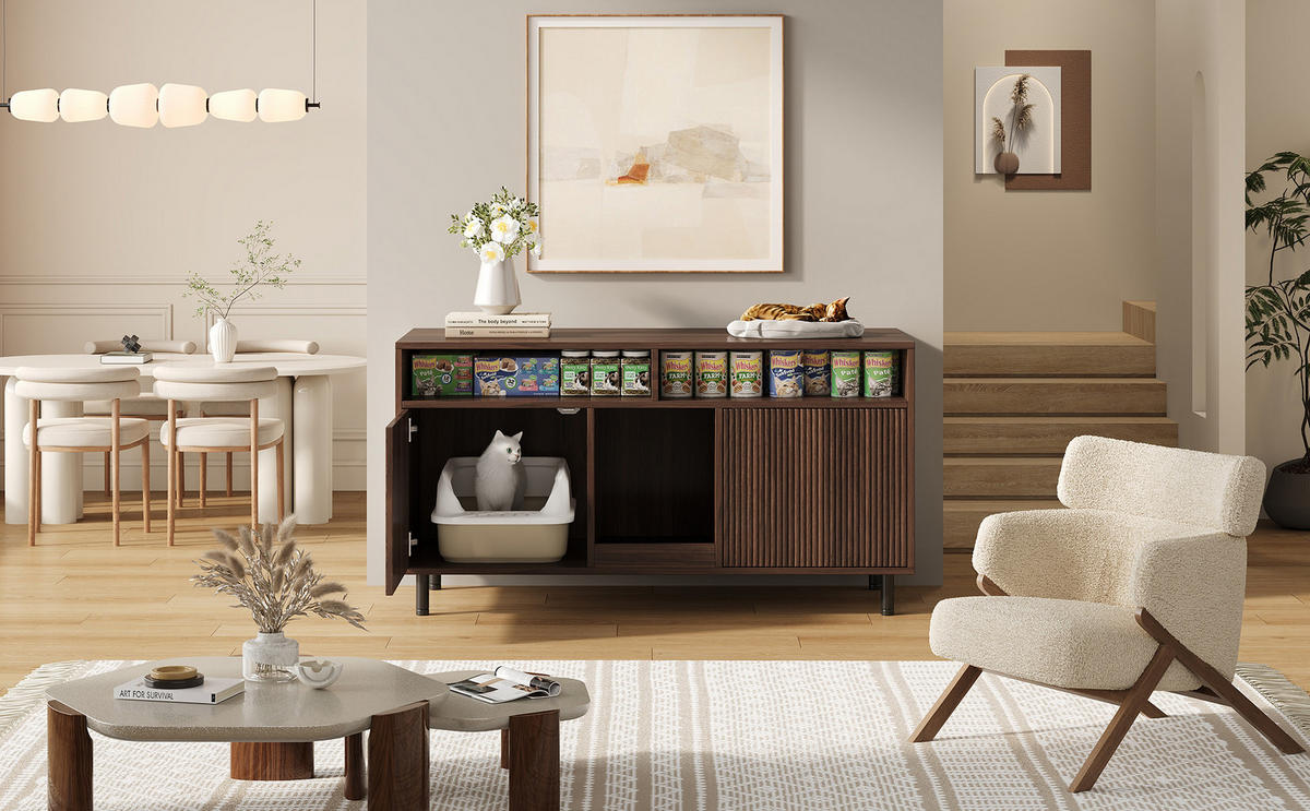 KATZENTOILETTEN-SCHRANK Walnuss, 120/50/66 cm, mit Ablagefächern und Streuauffangmatte - Walnussfarben, Holzwerkstoff/Metall (120/66/50cm) - CHICFURN