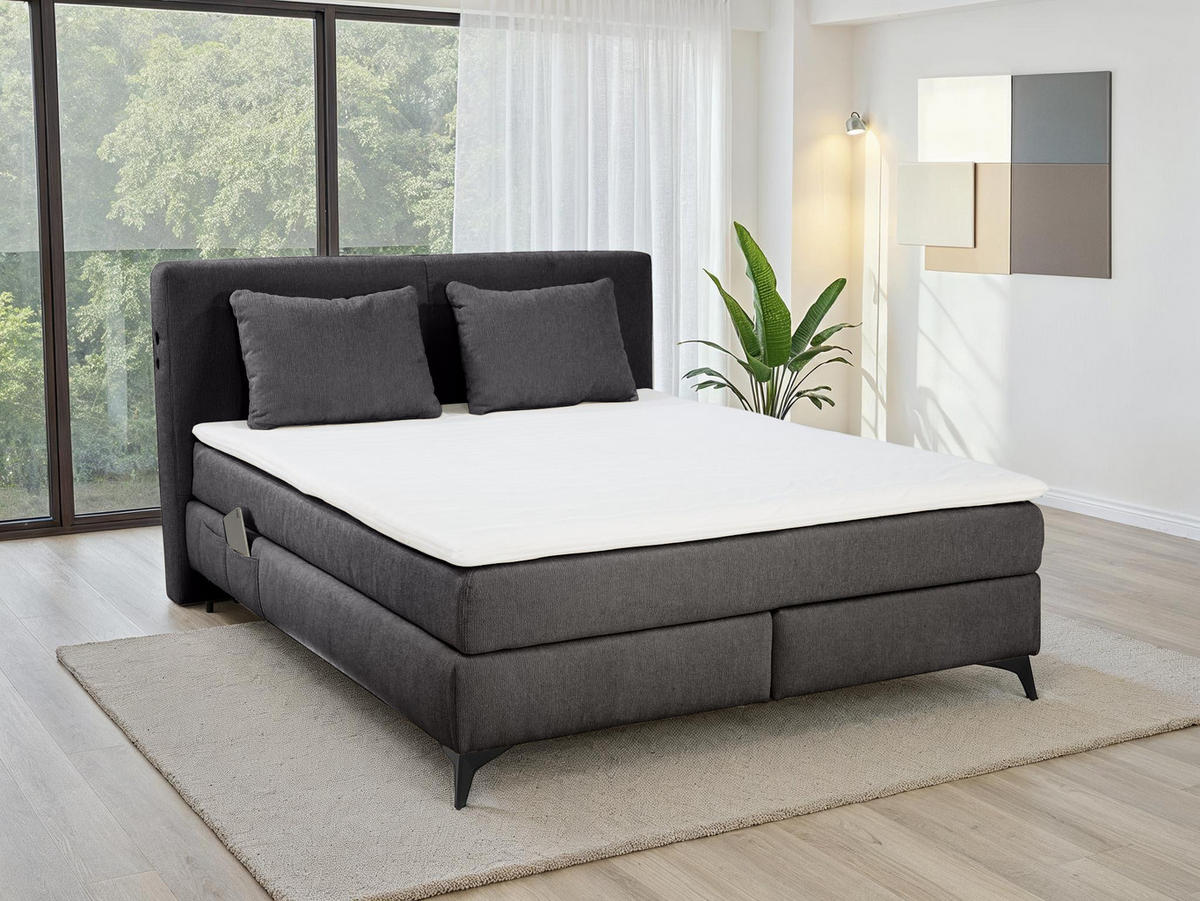 BOXSPRINGBETT 160/200 cm, 7-Zonen-Tonnentaschen-Federkernmatratzen H3, Topper, Bonell-Federkern, Beleuchtung,USB-Ladeports, Chenille Dunkelgrau /20042 - Dunkelgrau/Schwarz, Textil/Metall (160/200cm) - luma-home