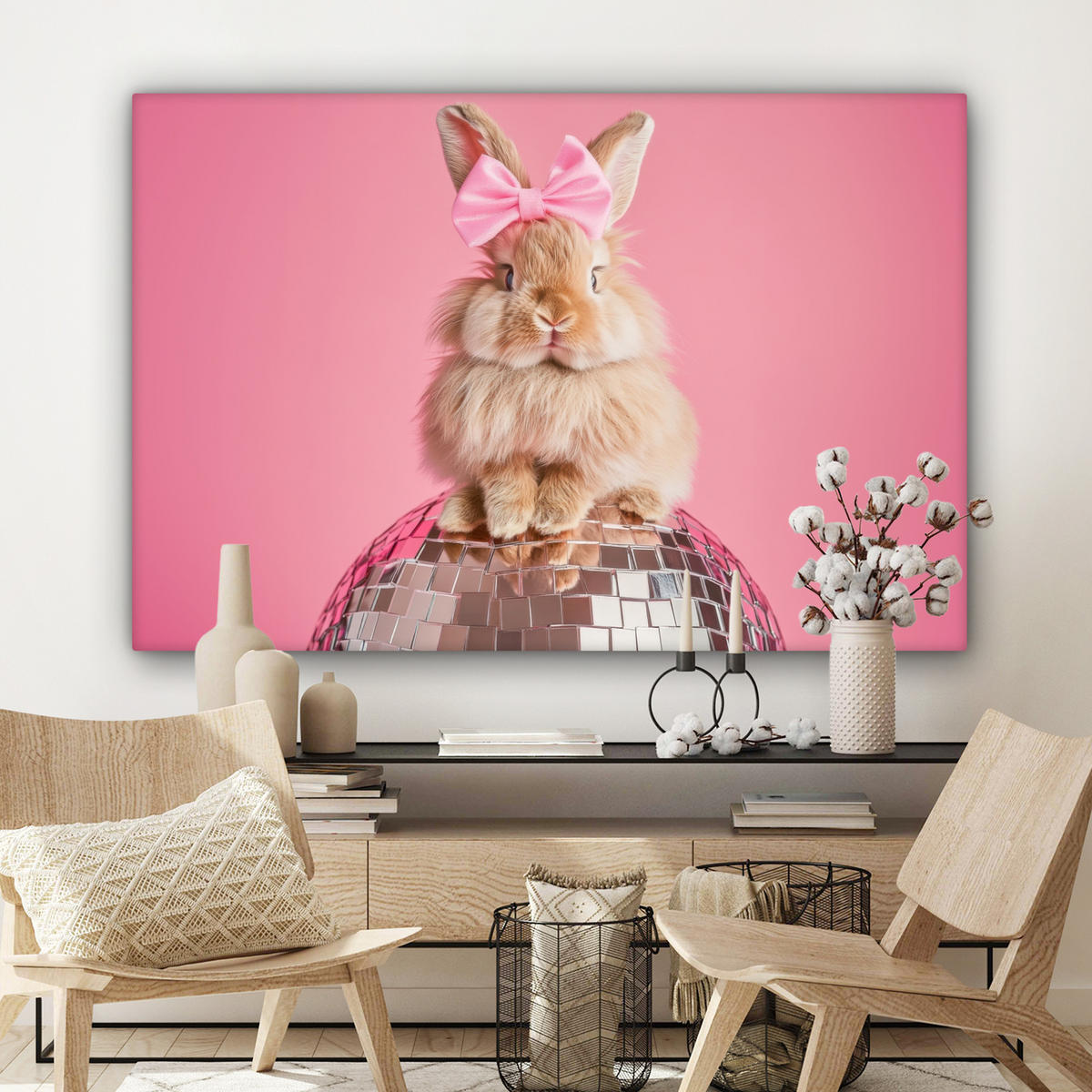 LEINWANDBILD Schleife - Discoball - Kaninchen XXL 150x100 cm - Pink, Textil (150/100cm) - MuchoWow