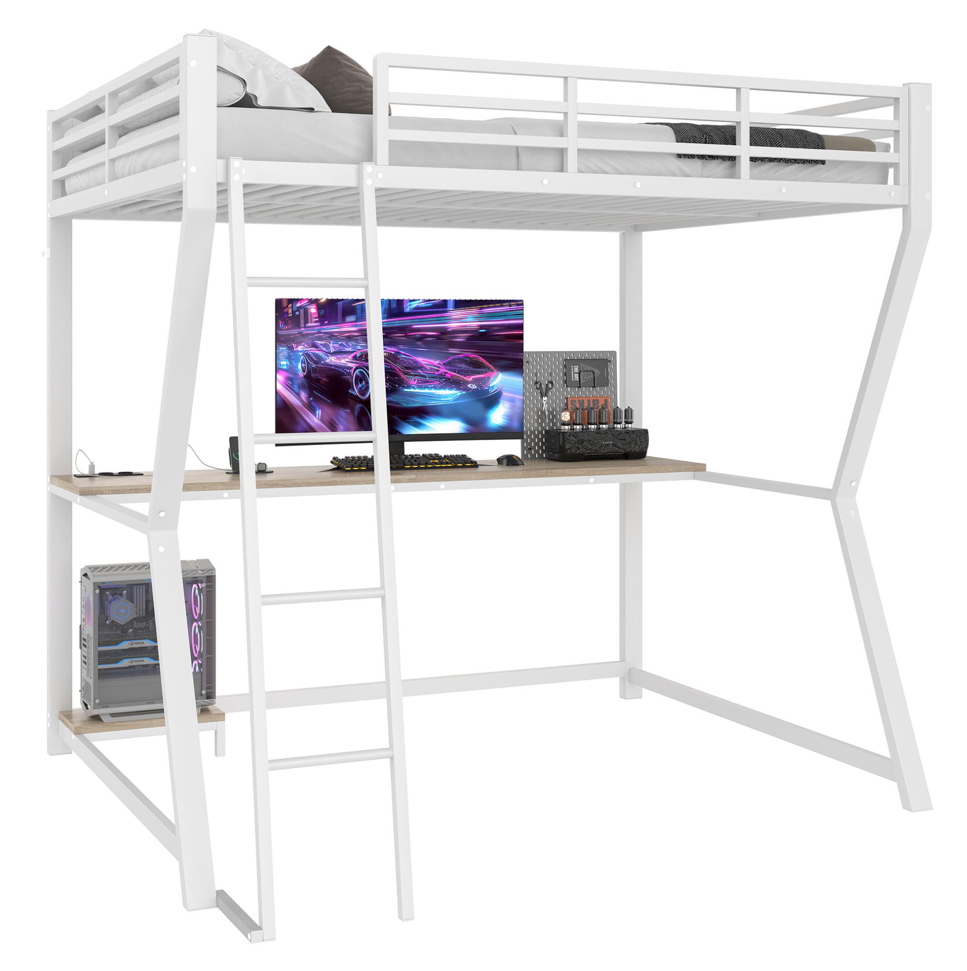 HOCHBETT 140/200 cm Weiß aus Metall mit Schreibtisch und LED-Lichtleiste - Weiß, Metall (140/200cm) - OKMYHOME