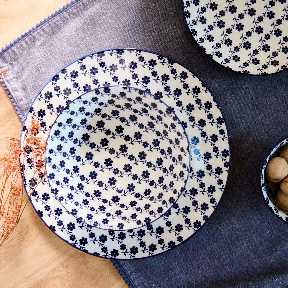 SCHALENSET Navia dunkelblau geblümt 15 cm 6er-Set - Dunkelblau, Keramik (15cm) - Homla