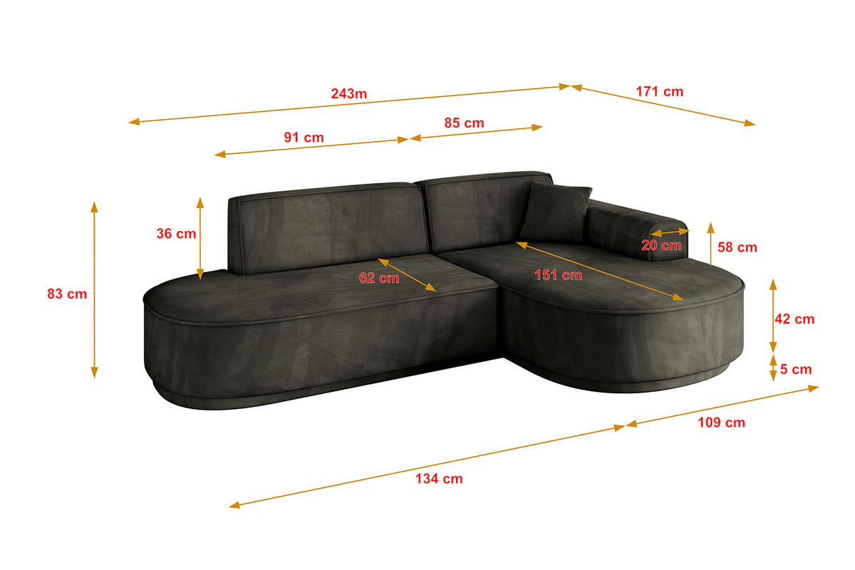 ECKSOFA Ottomane Rechts MARI-L1-v3 - 243x171x83 cm Schwarz Velours - Schwarz, Holzwerkstoff/Kunststoff (171/243cm) - ALTDECOR