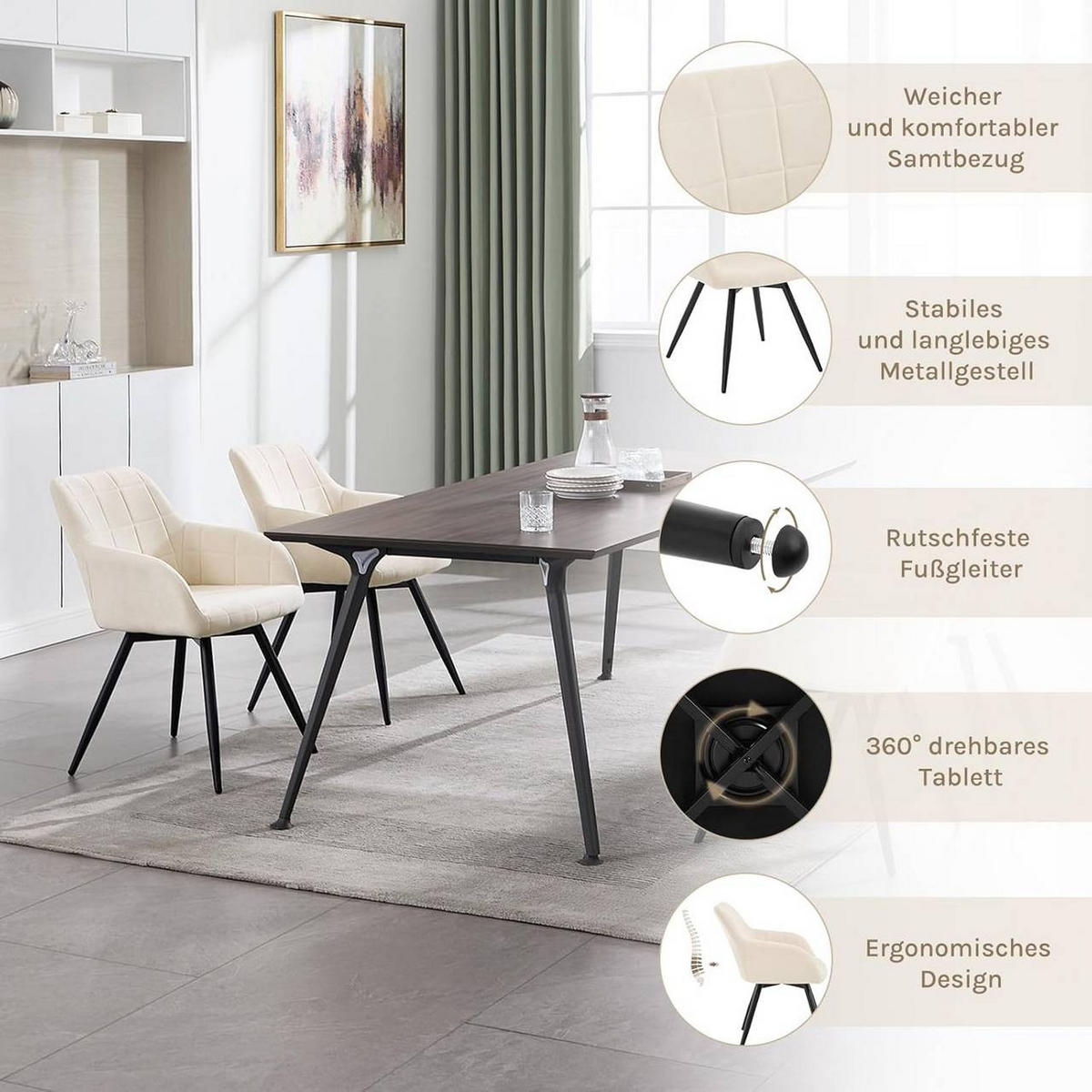 ESSZIMMERSTUHL 2er Set, drehbar, Samt, Beige - Beige/Schwarz, Textil/Metall (57/78/63cm)