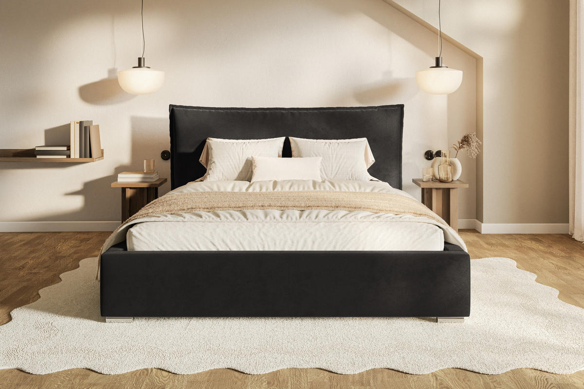 POLSTERBETT 140x200 Zenito mit Kissen-Kopfteil, Bettkasten, Schwarz - Schwarz, Holz/Textil (140/200cm) - Emporius