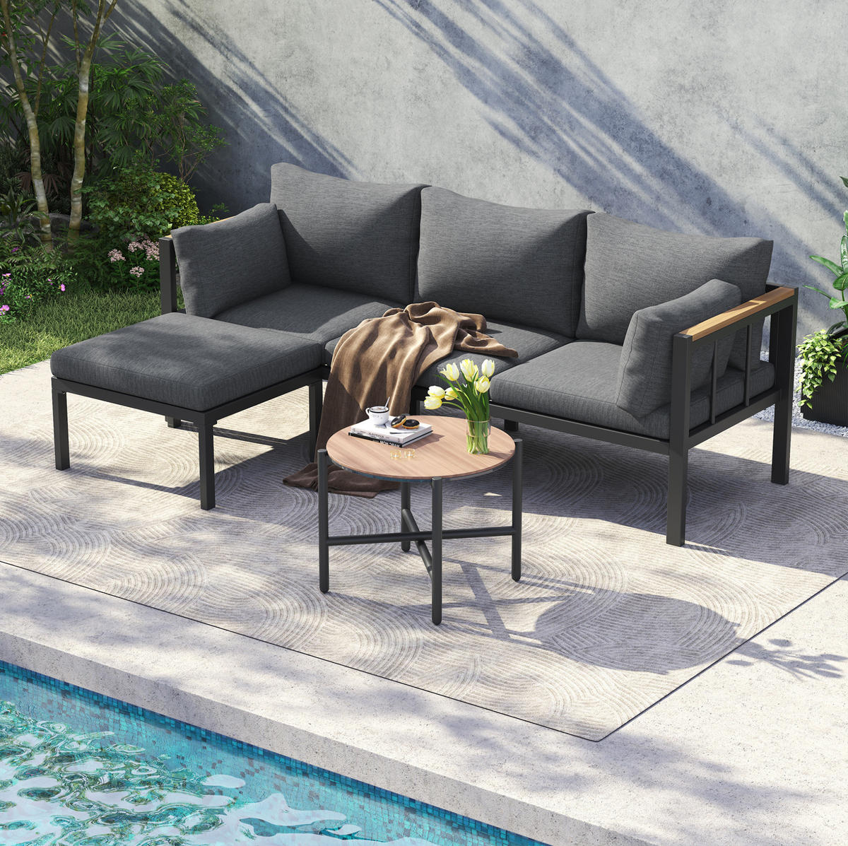 GARTENSET 182x63x62cm grau aus Stahl und Glas, wasserdicht - Grau, Textil - Modfu