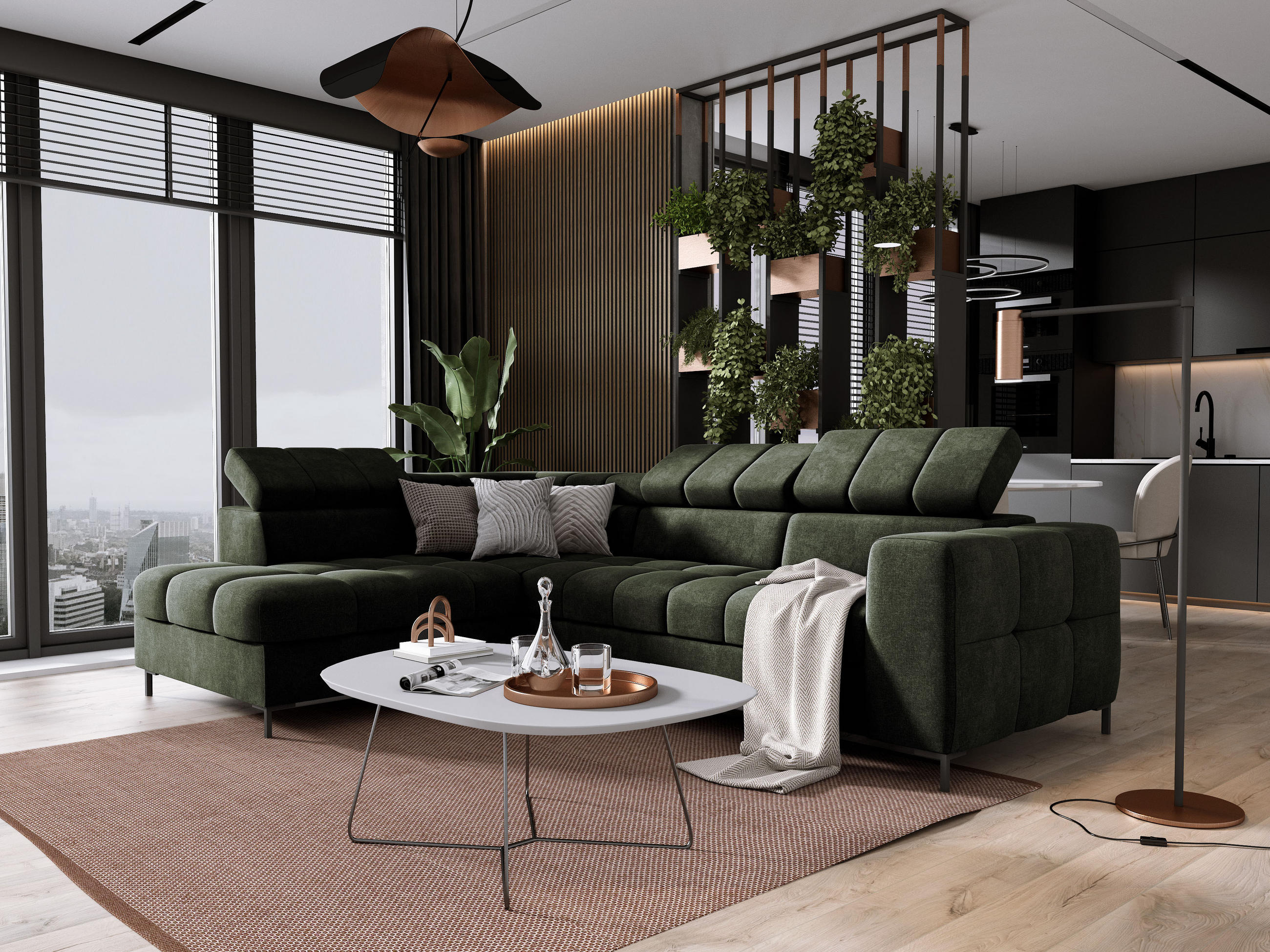 ECKSOFA PABLO VOGUE L‑förmig mit Bett, Bettkasten, verstellbaren Kopfstützen, weichen Metallfüßen, freistehend, LINKS, 270x201x97 cm, Grün - Grün, Holz/Textil (201/270cm) - DomoHome