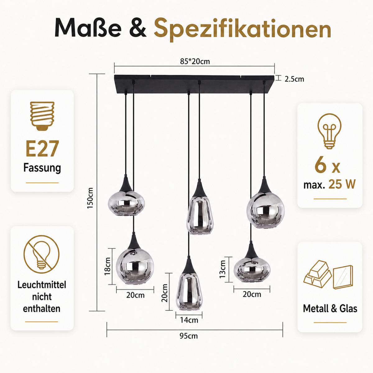 PENDELLEUCHTE Krellon 85/20/150 cm - Schwarz, Glas/Metall (85/20/150cm) - ZMH