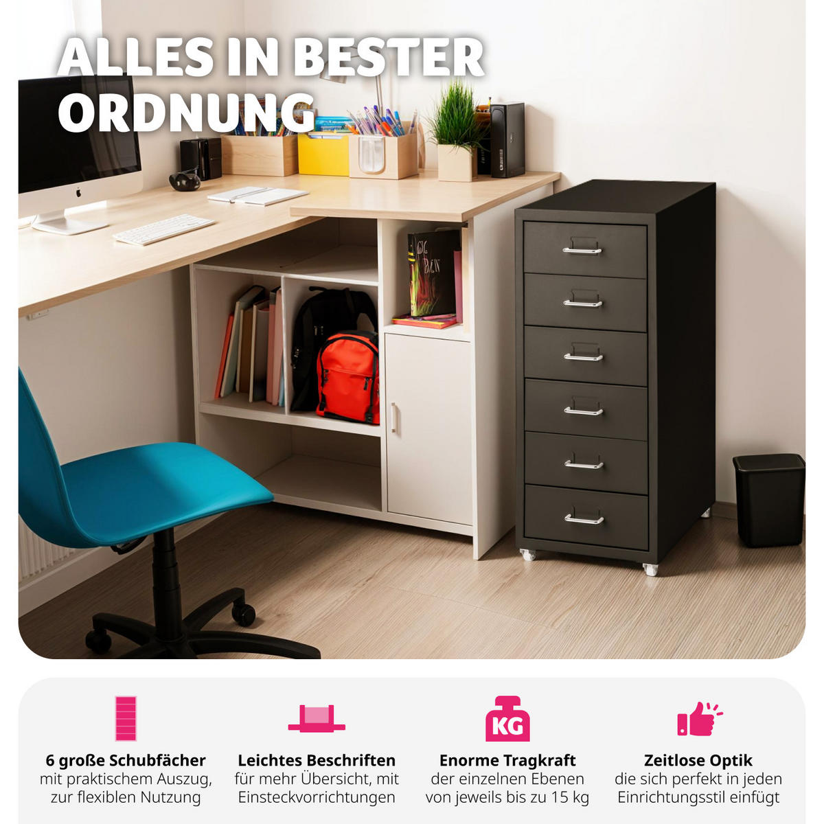 ROLLCONTAINER ,einfache Montage, 41 x 28 x 69 cm,schwarz - Schwarz, Metall (28/69/41cm) - tectake