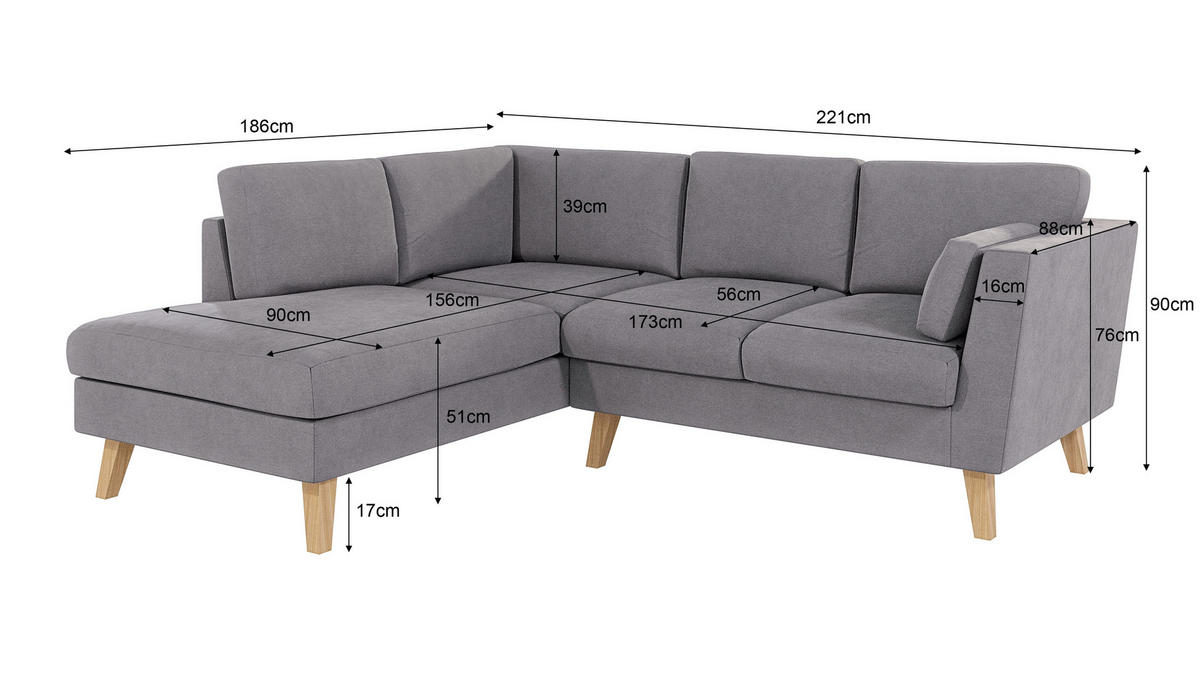 ECKSOFA Mario Grau Microfaser - Naturfarben/Grau, Buchenholz/Textil (221/186cm) - S-Style Möbel